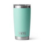 YETI product photography of a seafoam green Rambler tumbler featuring a clear lid, stainless steel rim and base, and a debossed YETI logo