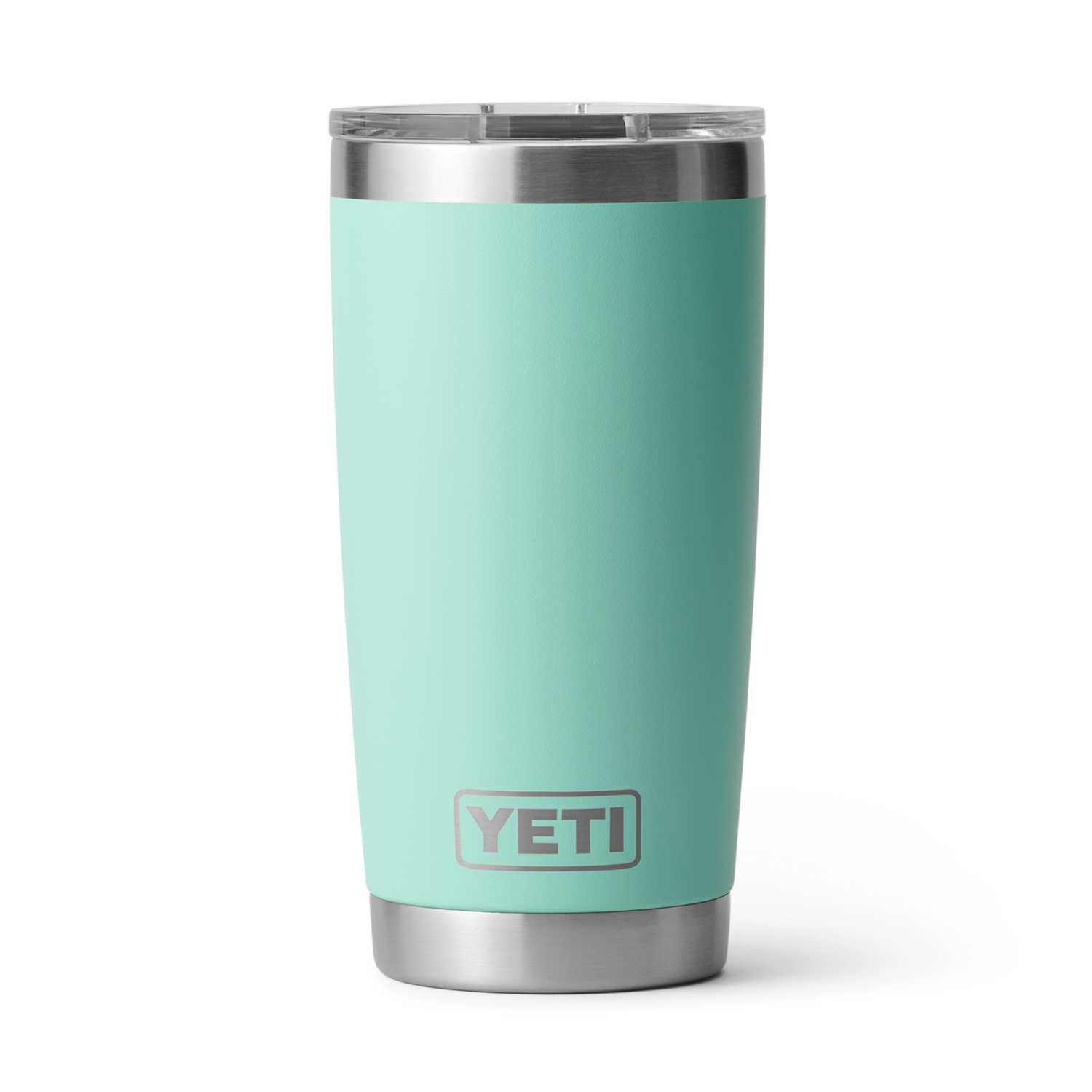 YETI product photography of a seafoam green Rambler tumbler featuring a clear lid, stainless steel rim and base, and a debossed YETI logo