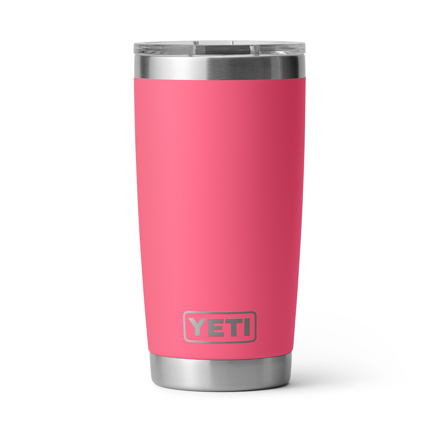 Digital photograph of a YETI Rambler tumbler featuring a vibrant coral pink body, stainless steel base and upper rim, an embossed YETI logo, and a clear MagSlider lid, isolated on a white background with a soft cast shadow