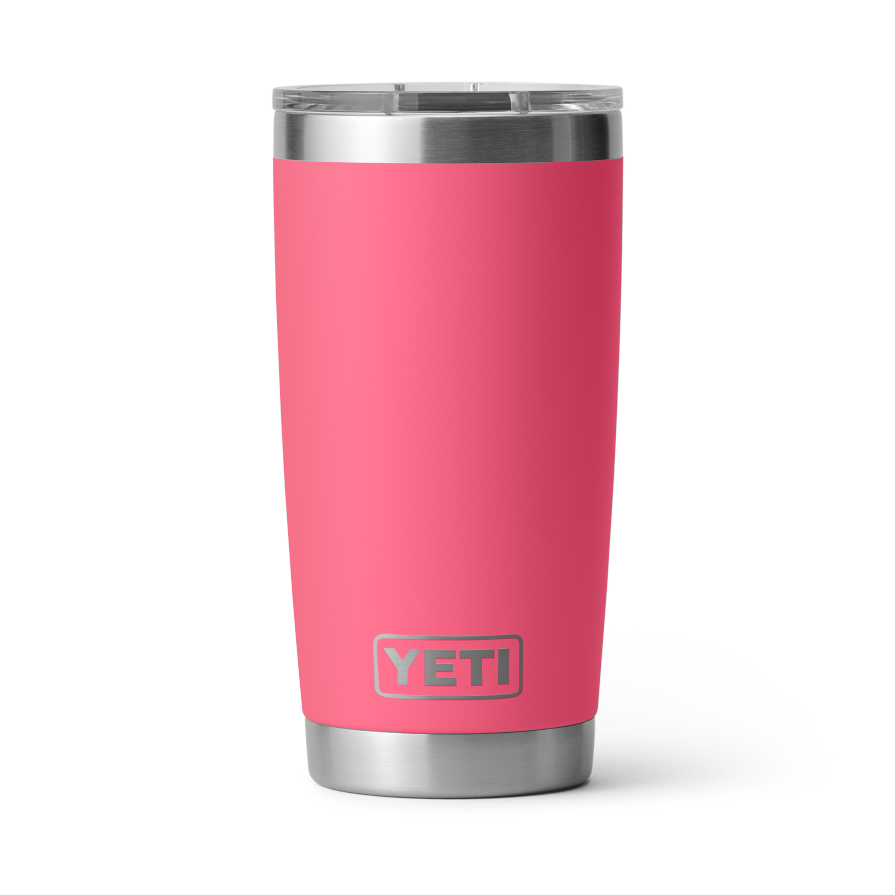Digital photograph of a YETI Rambler tumbler featuring a vibrant coral pink body, stainless steel base and upper rim, an embossed YETI logo, and a clear MagSlider lid, isolated on a white background with a soft cast shadow