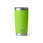 YETI Rambler tumbler in a vibrant lime green featuring a prominent YETI logo a stainless steel base and rim and a clear lid