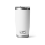Digital product photograph of a white YETI Rambler 20 oz tumbler on a black background featuring a matte finish, silver stainless steel accents, a grey YETI logo, and a clear MagSlider lid