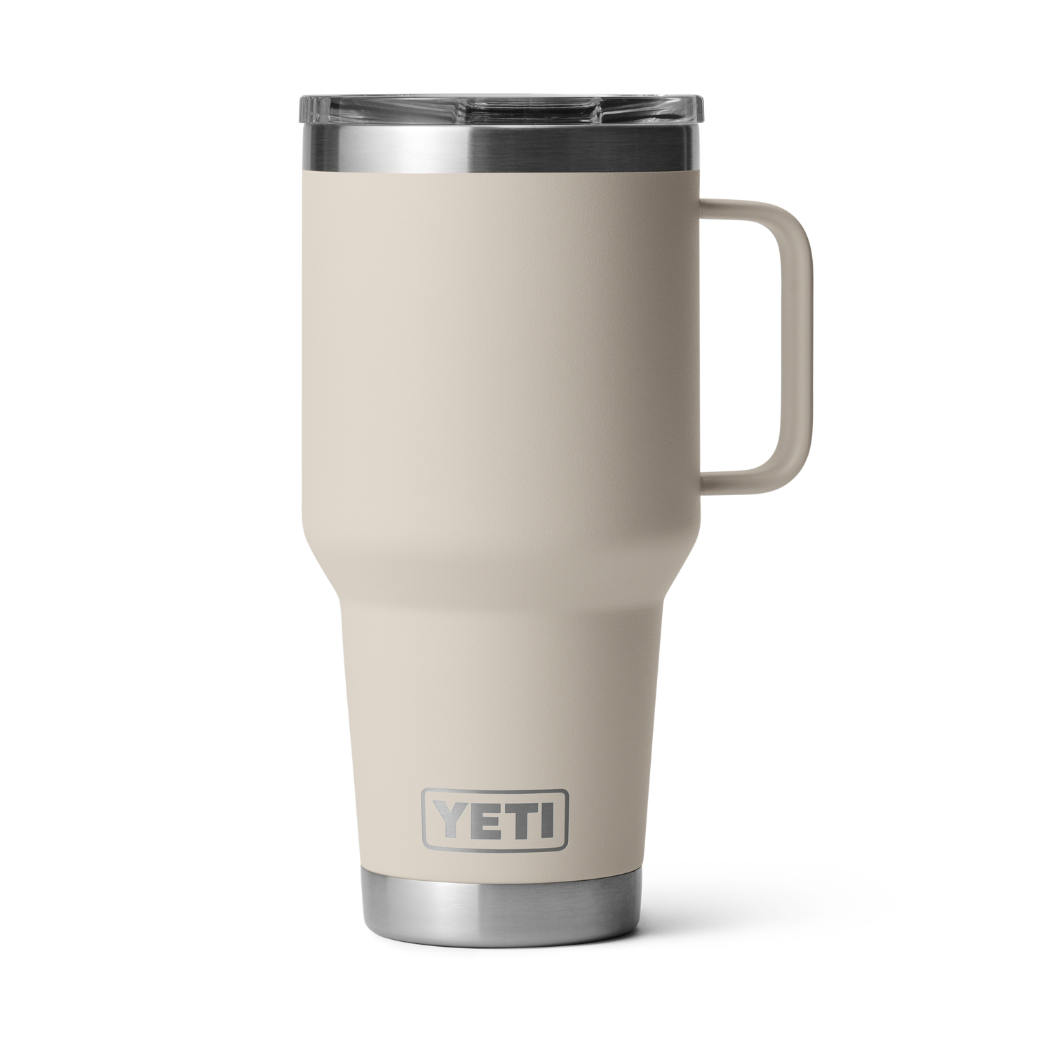 Product photography, a desert tan YETI Rambler travel mug featuring an integrated handle and clear MagSlider lid on a plain black background