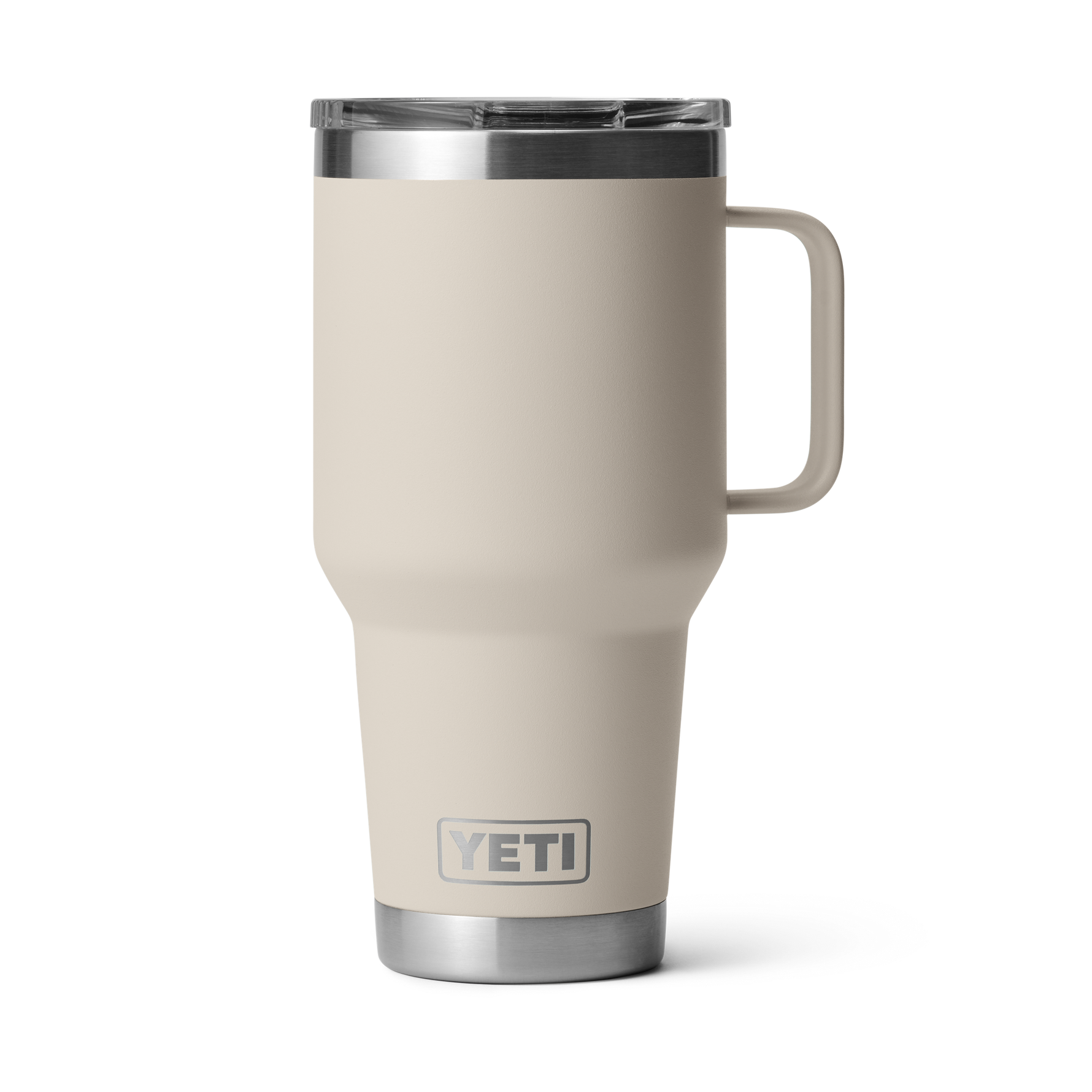 Product photography, a desert tan YETI Rambler travel mug featuring an integrated handle and clear MagSlider lid on a plain black background