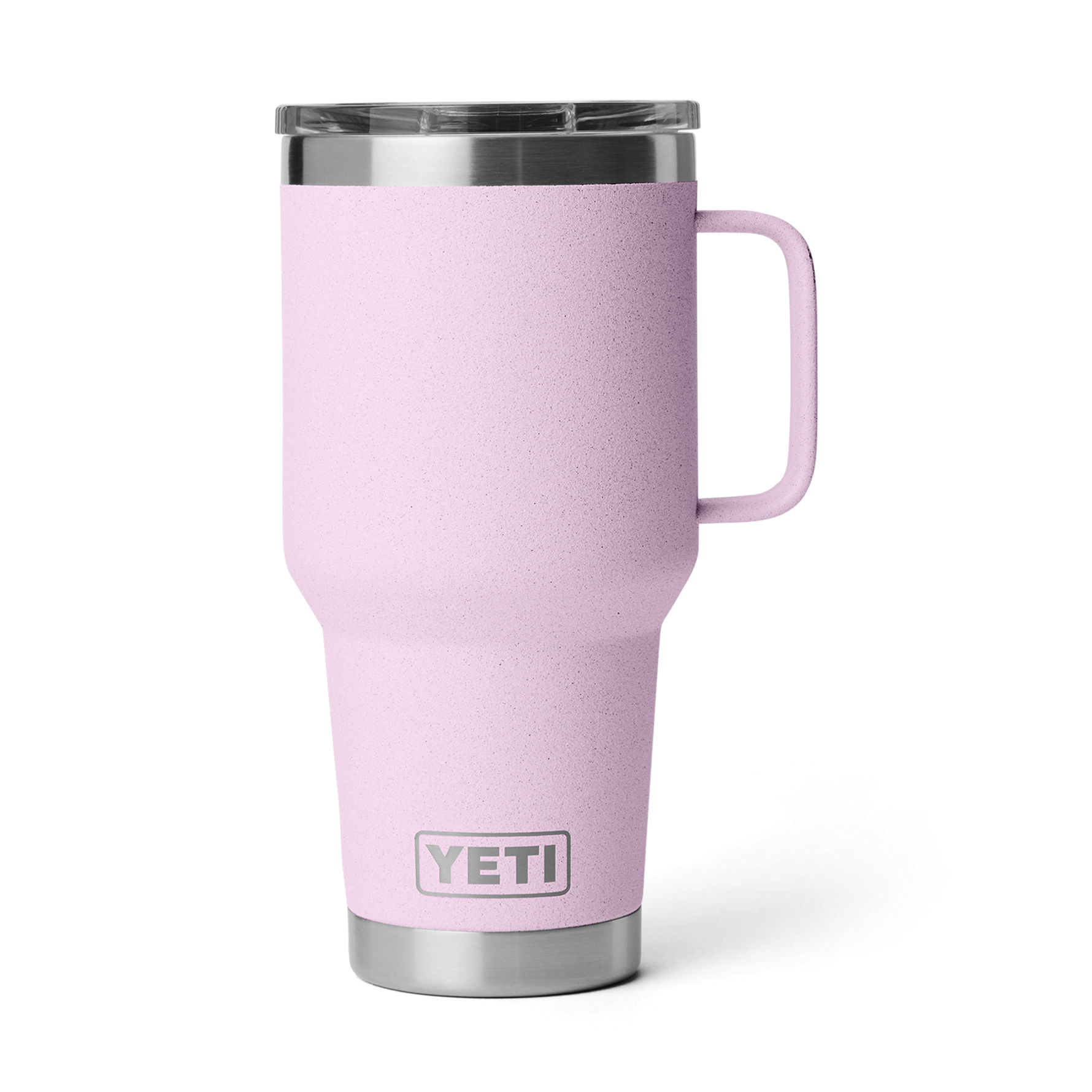 Product photograph of a light pink YETI Rambler 30 oz travel mug with a textured finish, stainless steel accents, clear lid, integrated handle, and the YETI logo