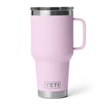 Digital photograph of a YETI Rambler pink speckled travel mug with a matching handle, clear lid, and stainless steel base showcasing the YETI logo