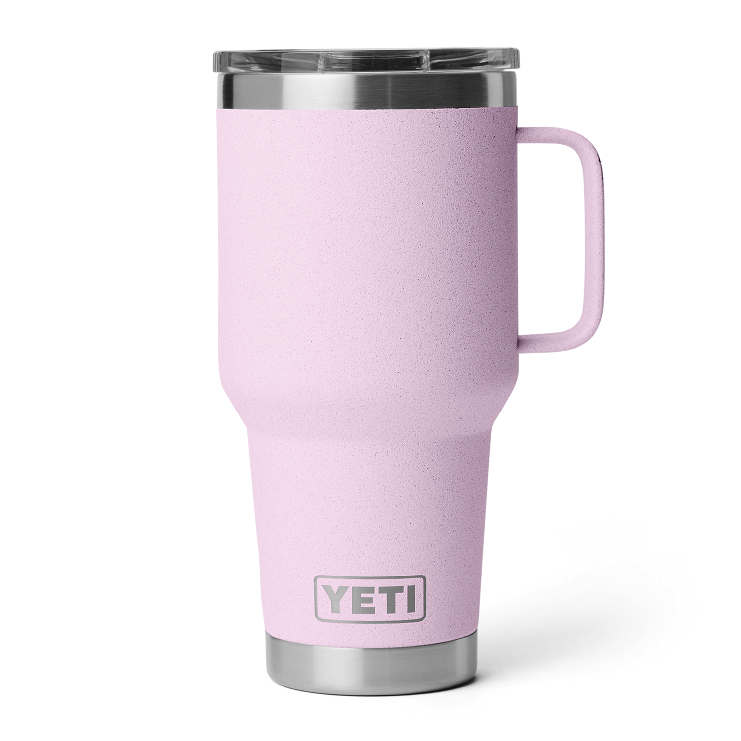 Digital photograph of a YETI Rambler pink speckled travel mug with a matching handle, clear lid, and stainless steel base showcasing the YETI logo