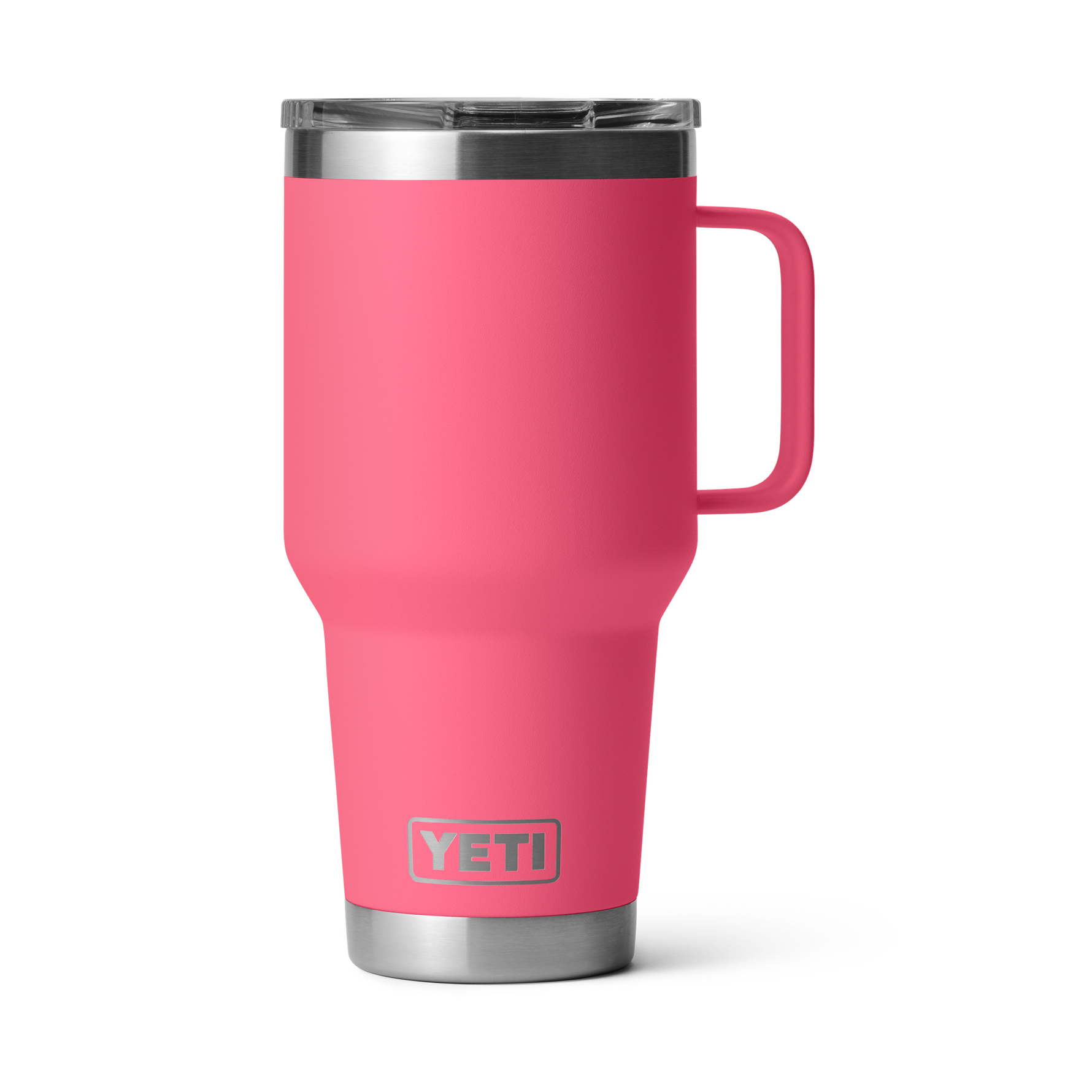 Product photography, YETI, of a vibrant hot pink Rambler Travel Mug with a clear MagSlider lid, sturdy integrated handle, and engraved silver YETI logo on its brushed stainless steel base, isolated against a black background