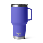 Product photograph by YETI of a vibrant purple Rambler mug featuring an integrated handle a clear MagSlider lid and the YETI logo on a black background