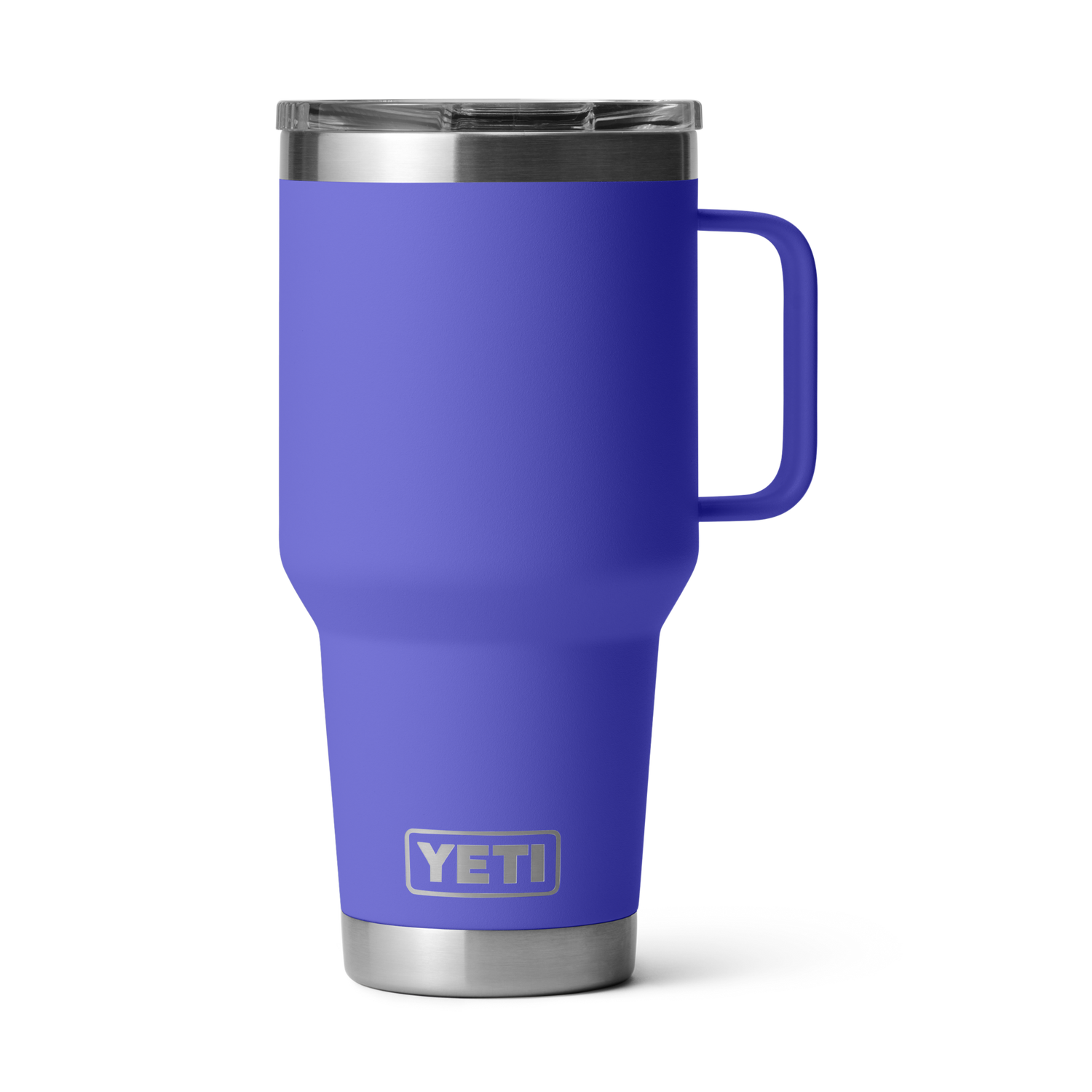 Product photograph by YETI of a vibrant purple Rambler mug featuring an integrated handle a clear MagSlider lid and the YETI logo on a black background