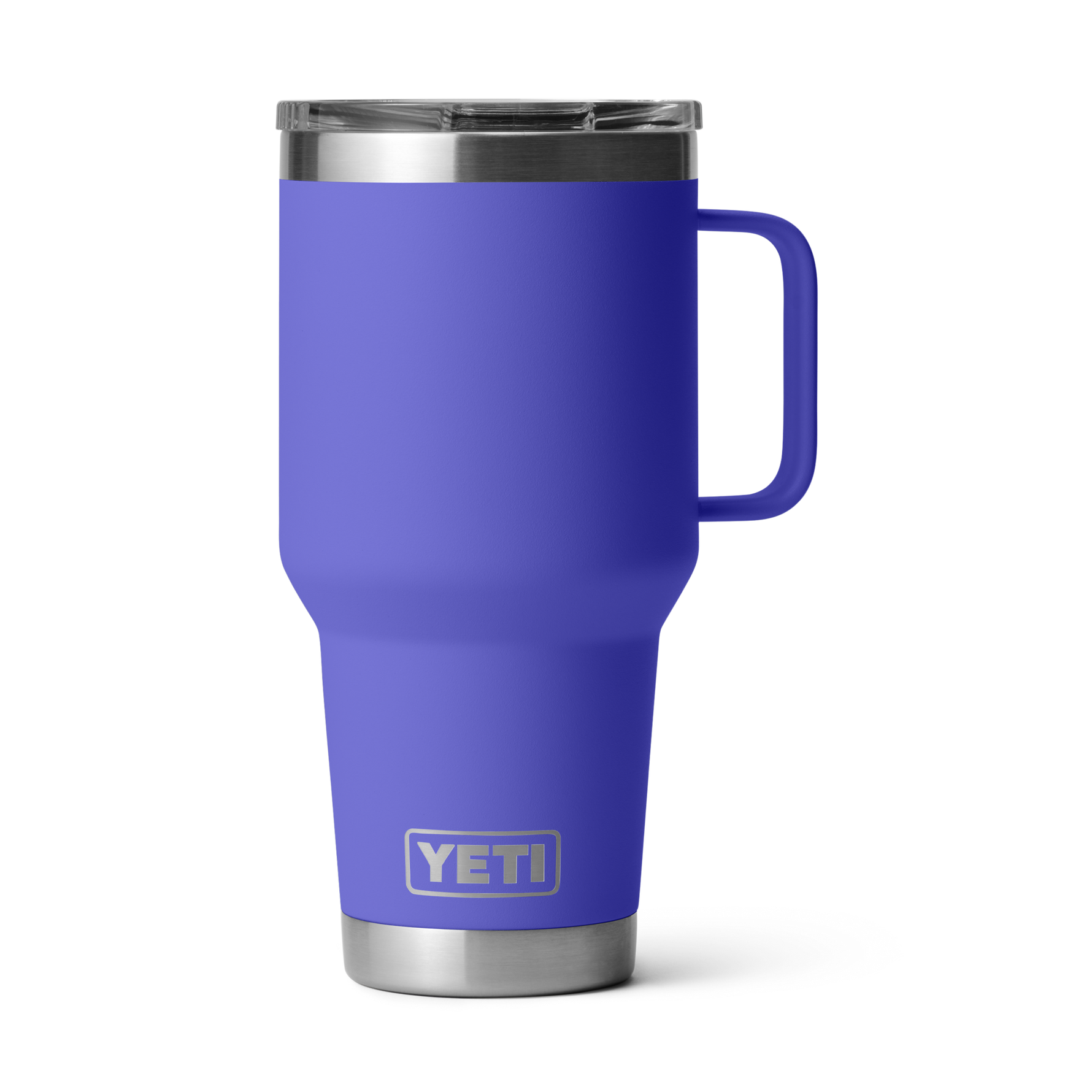 Product photograph by YETI of a vibrant purple Rambler mug featuring an integrated handle a clear MagSlider lid and the YETI logo on a black background