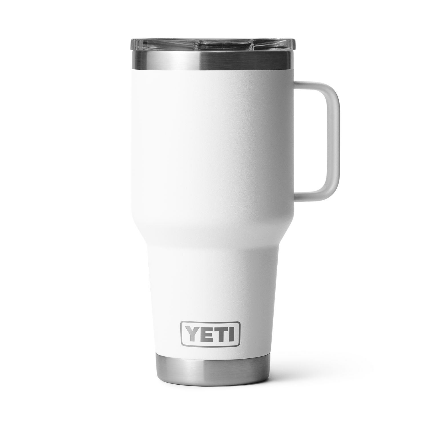 Product photography by YETI featuring a white Rambler 30 oz travel mug with a large handle a clear MagSlider lid and silver YETI logo accents on a black background
