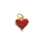 Gold and enamel jewelry pendant featuring a vibrant red heart-shaped center with a polished yellow gold-tone frame and a secure circular jump ring isolated on a white background