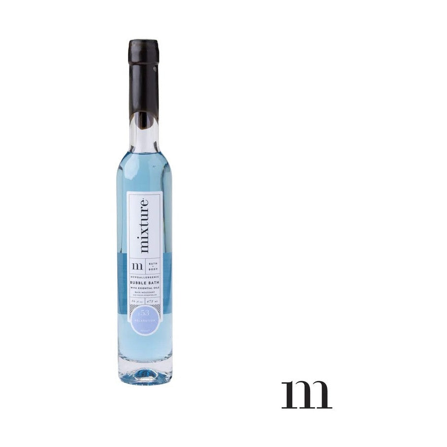 Product image of a slender bottle of Mixture bubble bath featuring light blue liquid a black cap and a white label indicating hypoallergenic relaxation scent