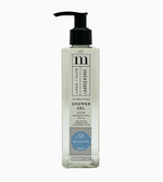Clear bottle of Mixture hydrating shower gel with black pump dispenser