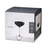 Product photograph of a Viski Reserve Burgundy Glasses box on a white background, featuring a prominent image of a wine glass holding dark red wine, displaying "Made in Europe" text and the "VISKI Reserve" logo, and designed with a sleek grey top and a white bottom resembling marble
