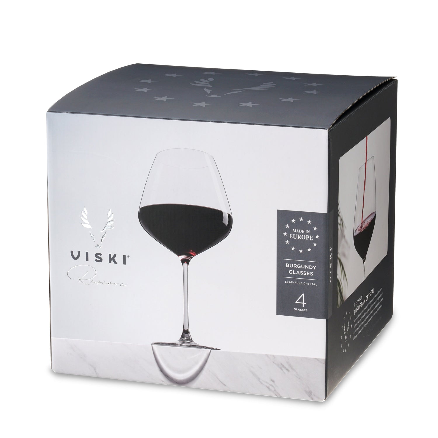 Product photograph of a Viski Reserve Burgundy Glasses box on a white background, featuring a prominent image of a wine glass holding dark red wine, displaying "Made in Europe" text and the "VISKI Reserve" logo, and designed with a sleek grey top and a white bottom resembling marble