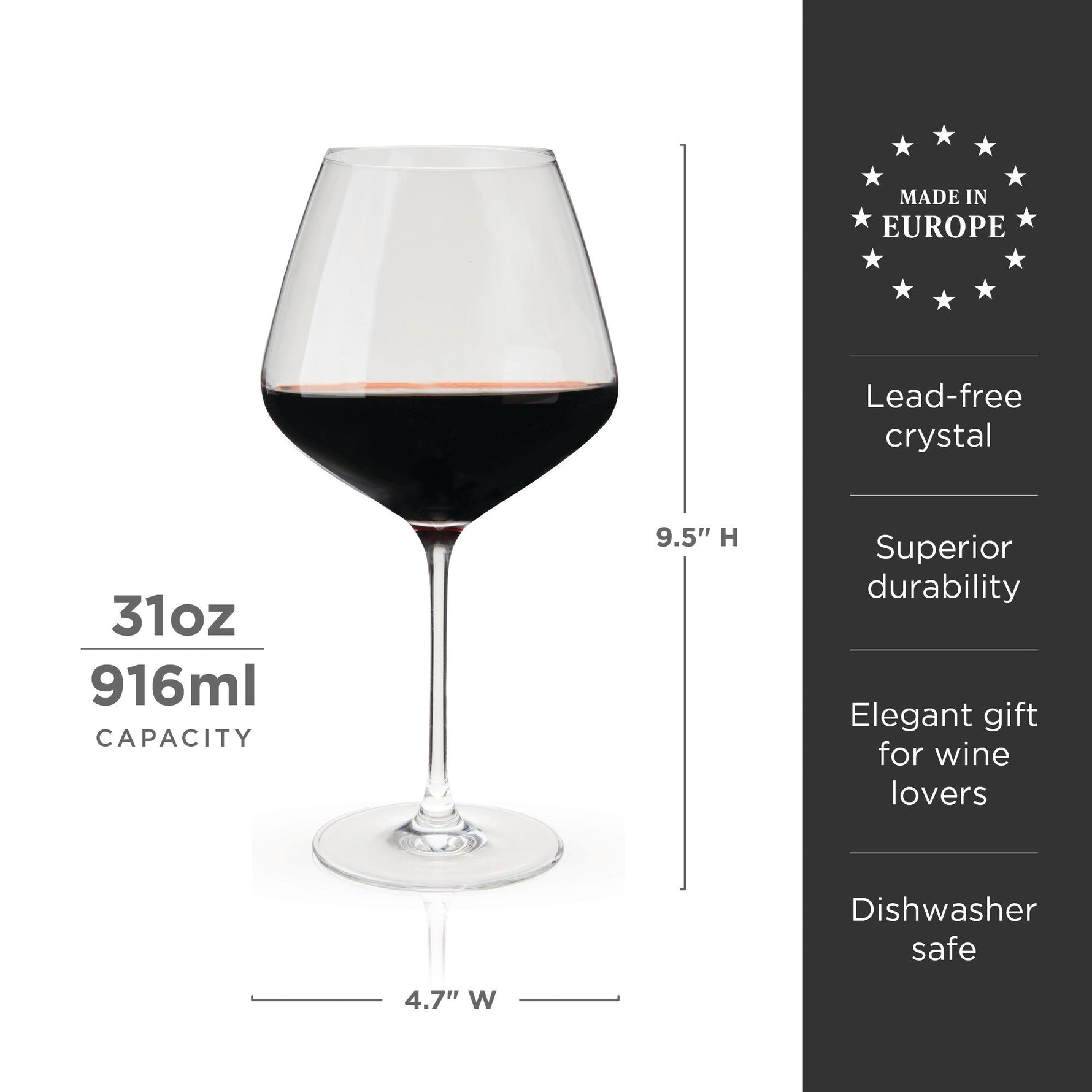 A large, clear wine glass filled with dark red wine, showcasing its 31oz 916ml capacity and "Made in Europe" lead-free crystal construction