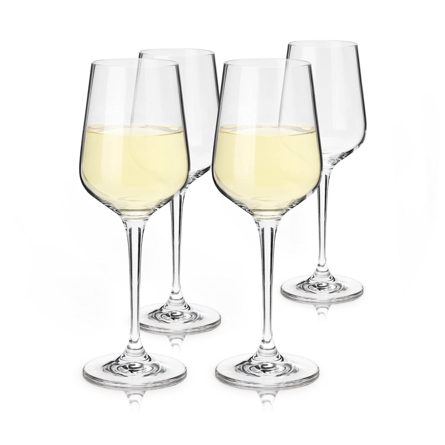 Four clear stem wine glasses on a white background, two filled with pale yellow white wine and two empty, reflecting on the surface
