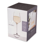 VISKI Reserve product box for 4 lead-free crystal Chardonnay glasses on a white studio background, featuring an elegant wine glass filled with light wine on the front, a charcoal top panel with subtle star emblem, and a side panel with 'Made in Europe' text