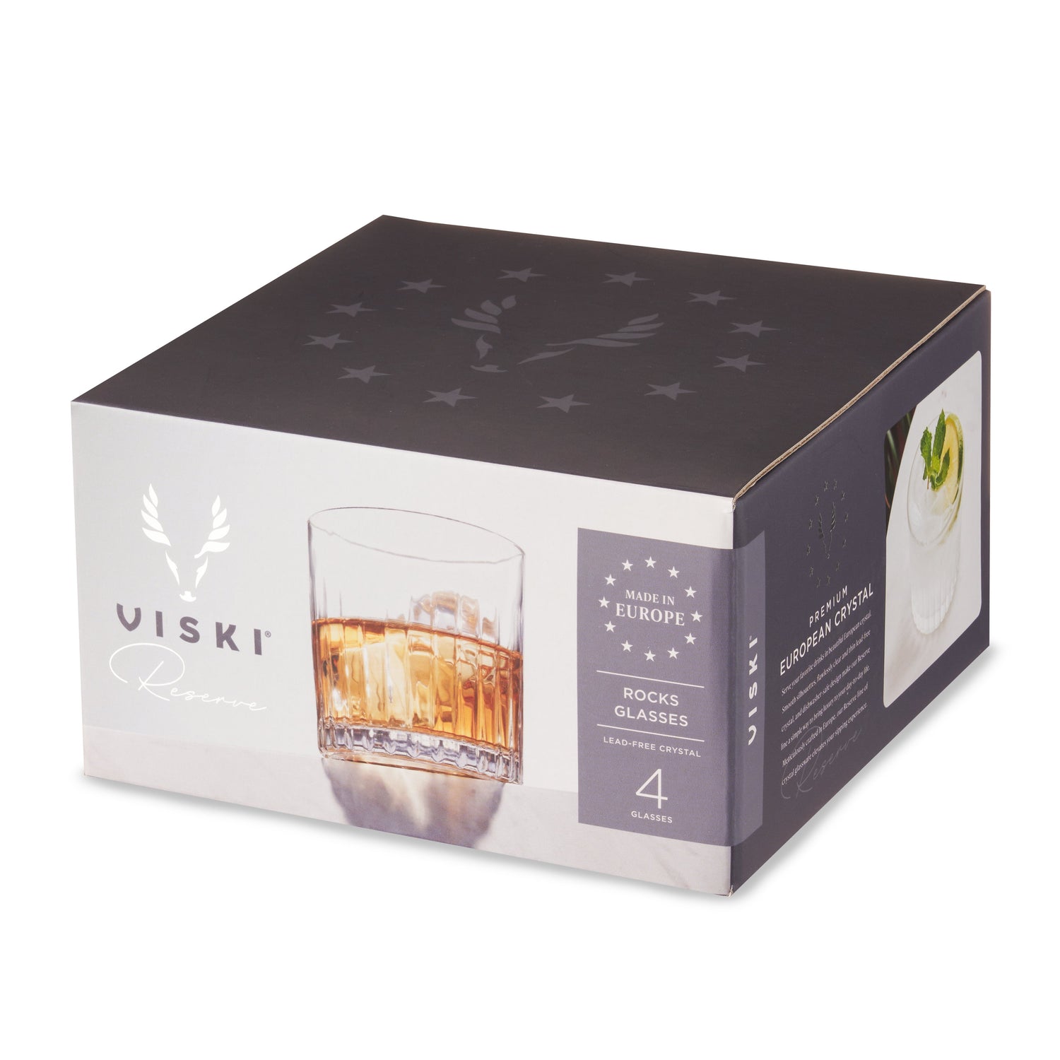 VISKI Reserve product packaging, a dark charcoal and light grey box for lead-free European crystal rocks glasses made in Europe, displays an amber drink in a ribbed glass, a prominent stag head logo, and a side panel with a cocktail garnished with lemon and mint