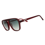 Red sunglasses with a brand logo on a white background