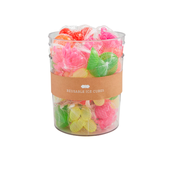 Clear plastic container filled with assorted colorful reusable plastic ice cubes in mesh bags