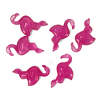 Five pink plastic flamingo shaped ice cubes