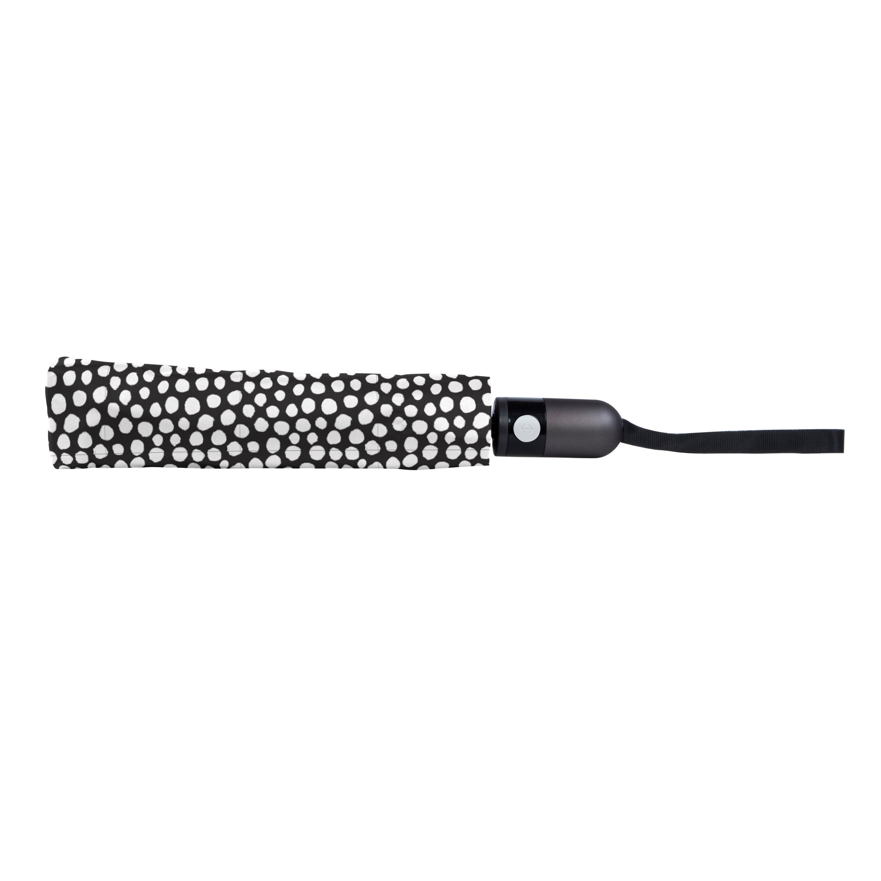 A folded compact umbrella featuring a black and white irregular polka dot pattern a dark grey handle with a white button and a black wrist strap presented against a clean white background