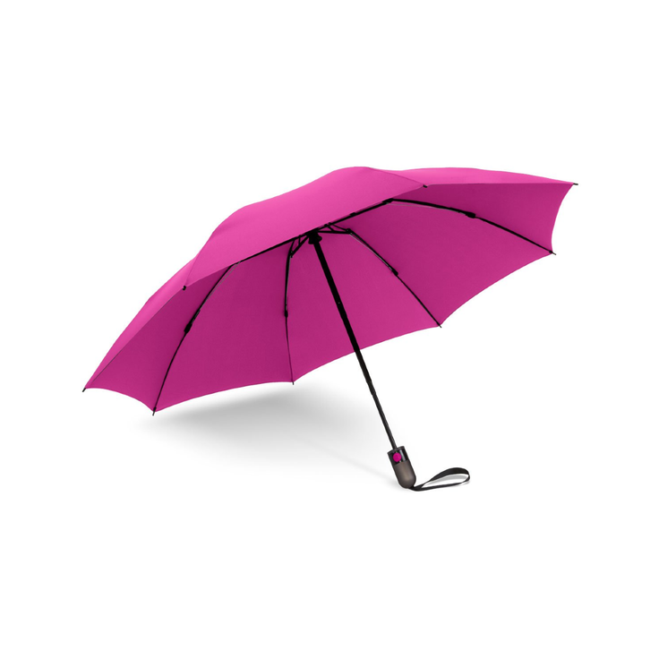 A fuchsia open umbrella featuring a black handle and wrist strap