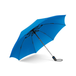 A vibrant blue open umbrella featuring a black handle with a prominent blue button and a loop wrist strap displayed against a crisp white studio background