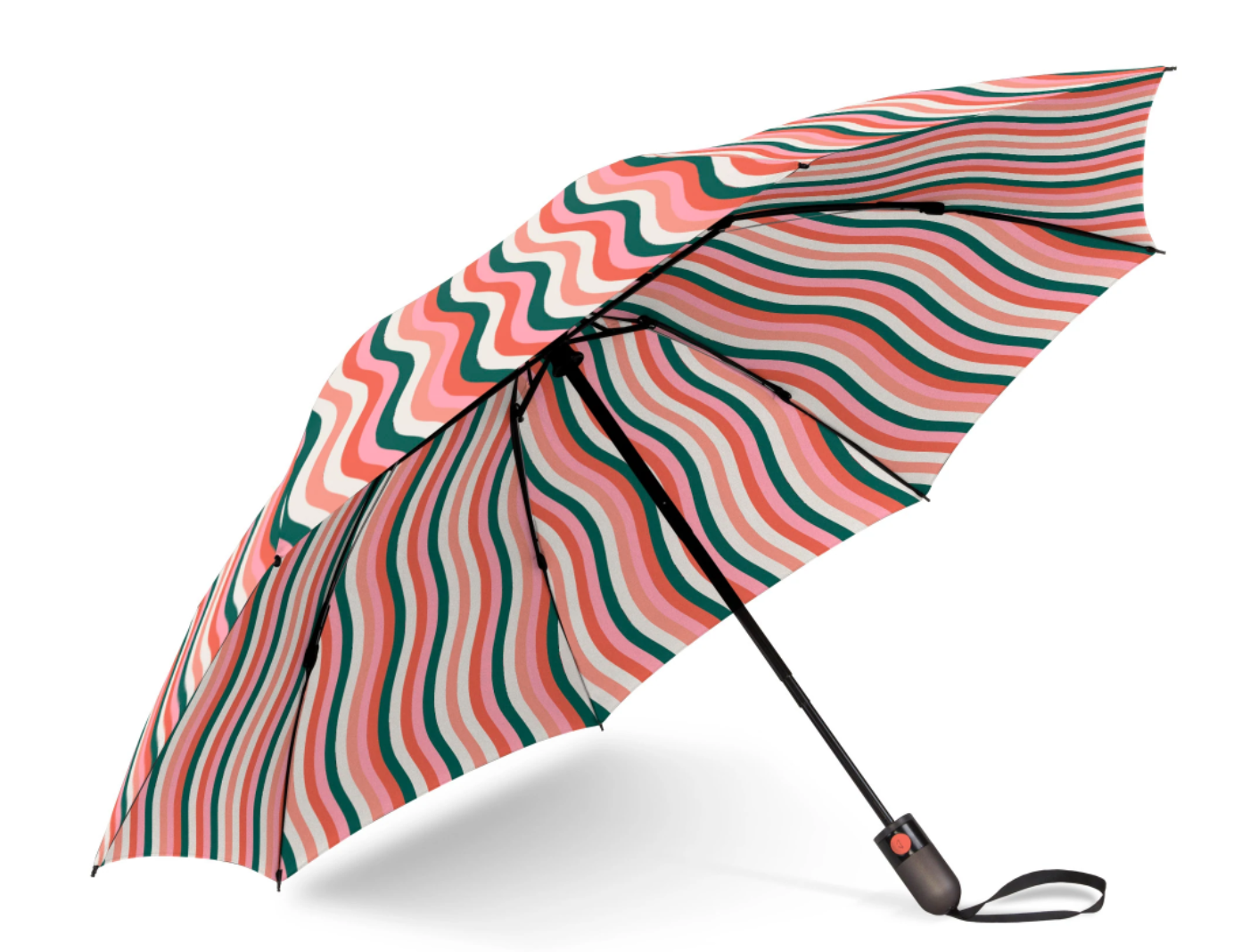 An open umbrella with a vibrant wavy stripe pattern in pink coral teal green and cream, featuring a black handle with an orange auto-open button