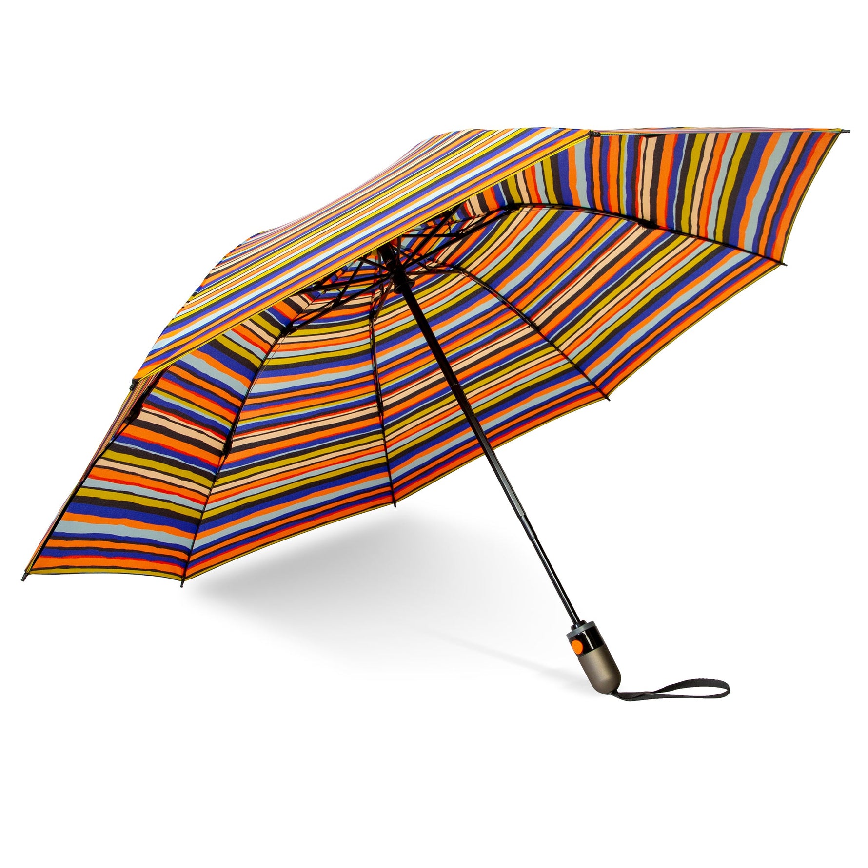 A vibrant striped collapsible umbrella stands open on a white background, featuring a pattern of varied horizontal bands in orange, blue, yellow, and black, with a contrasting gray handle and prominent orange push-button