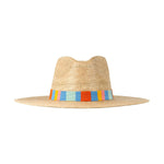 Natural straw fedora hat with a wide flat brim and a vibrant woven band featuring vertical stripes in orange yellow light blue and pink