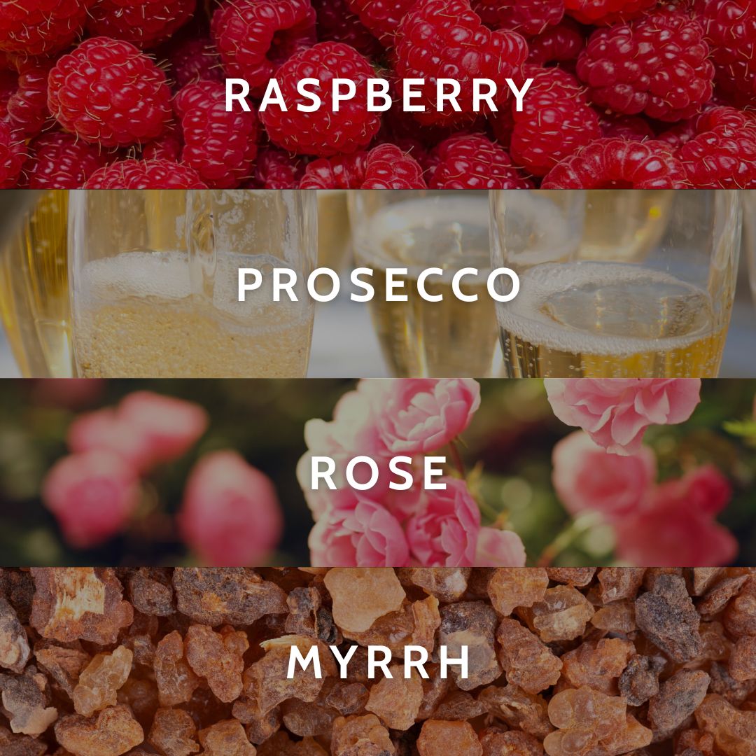 Four horizontal panels showing raspberries prosecco rose flowers and myrrh resin with text labels