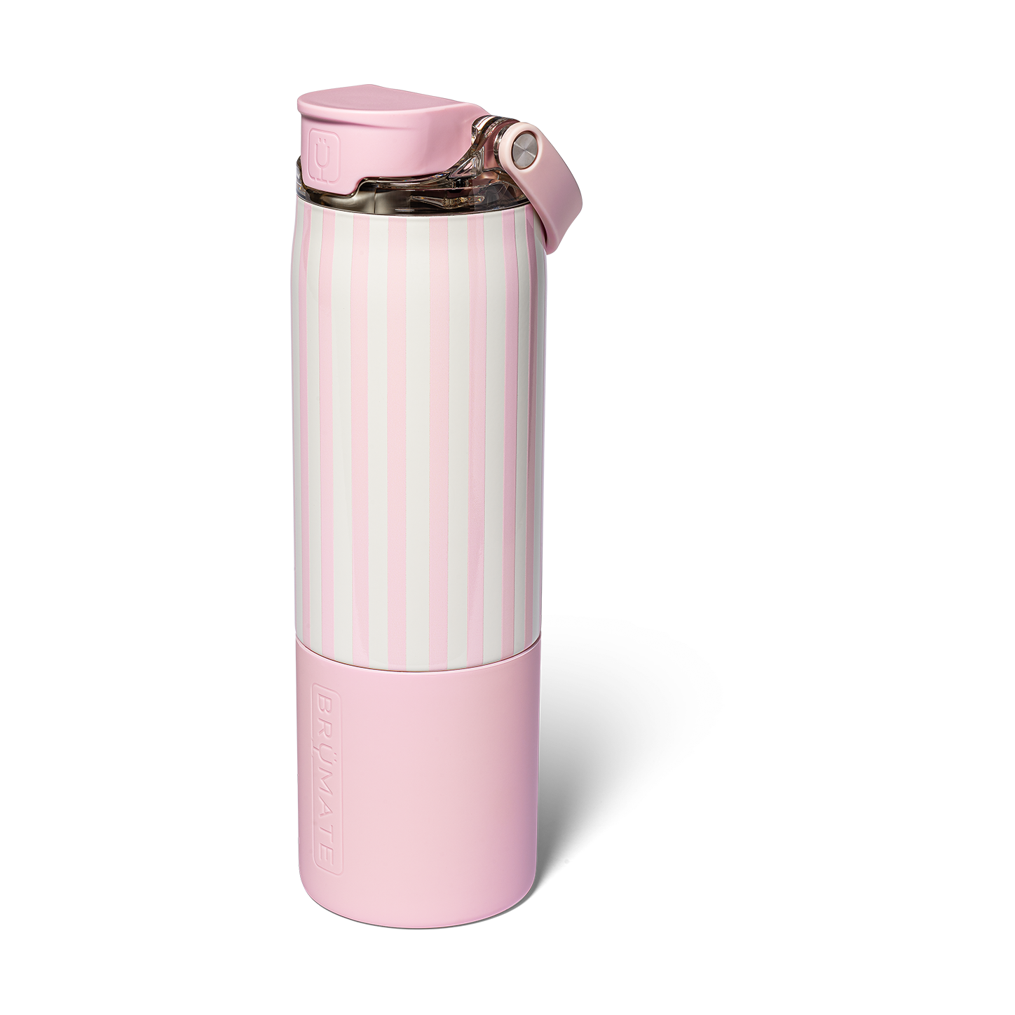 Pink and white striped Brumate water bottle with a pink lid and handle