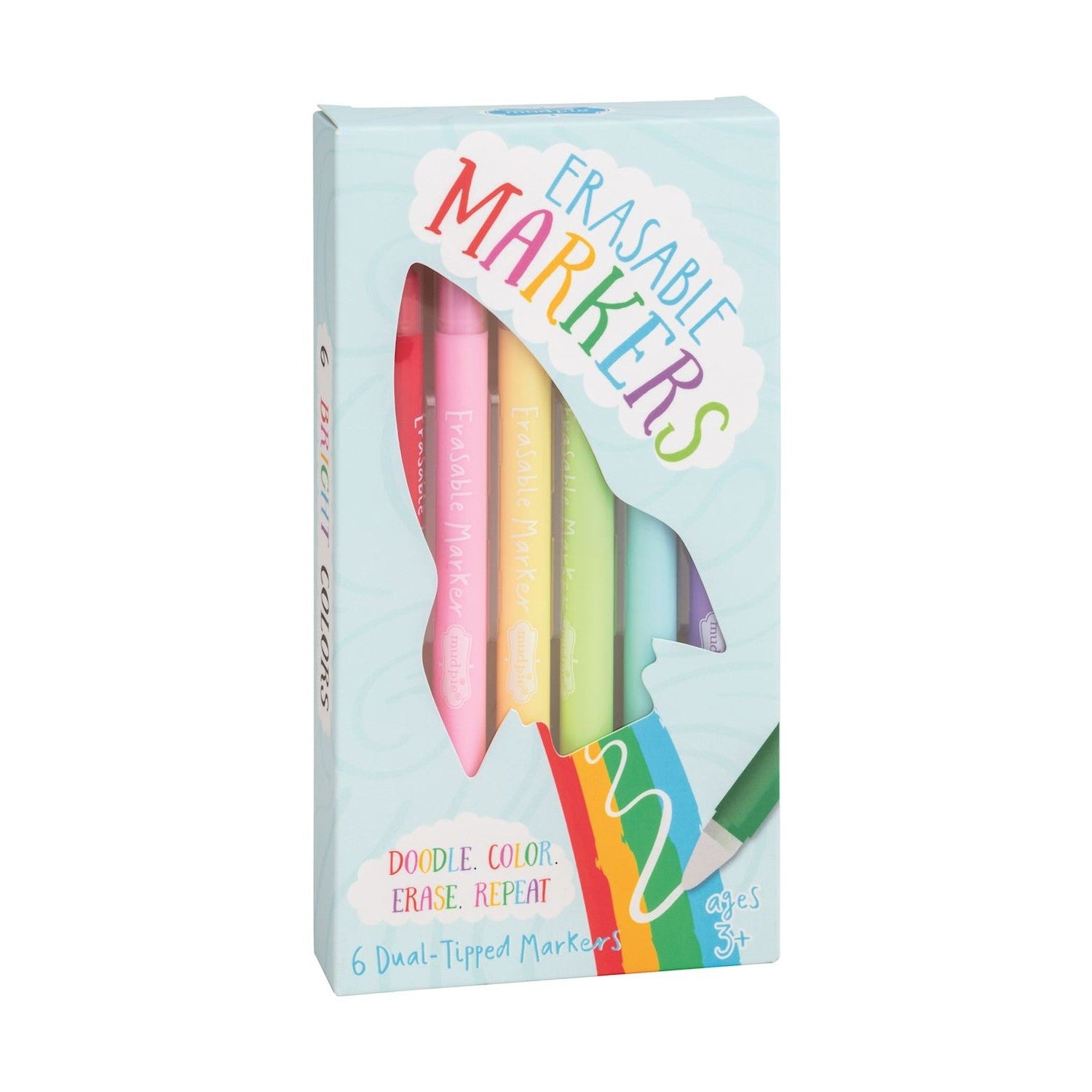 A light blue box of six dual-tipped erasable markers with a rainbow ERASABLE MARKERS title, featuring bright pink, yellow, and green markers, and a graphic of a green marker drawing a rainbow line
