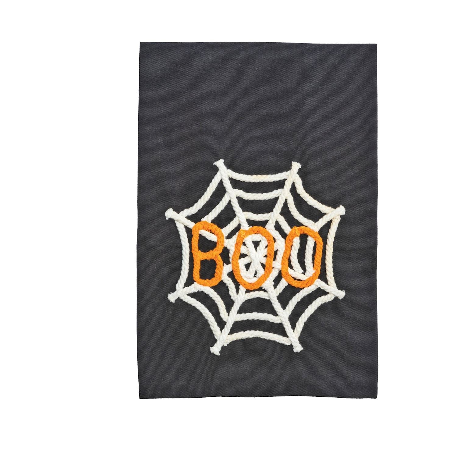 Embroidered black fabric Halloween decoration featuring a white rope spiderweb with orange rope BOO text