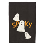 Halloween fabric decoration featuring a black background with three white textured yarn ghosts and orange chenille lettering spelling SPOOKY
