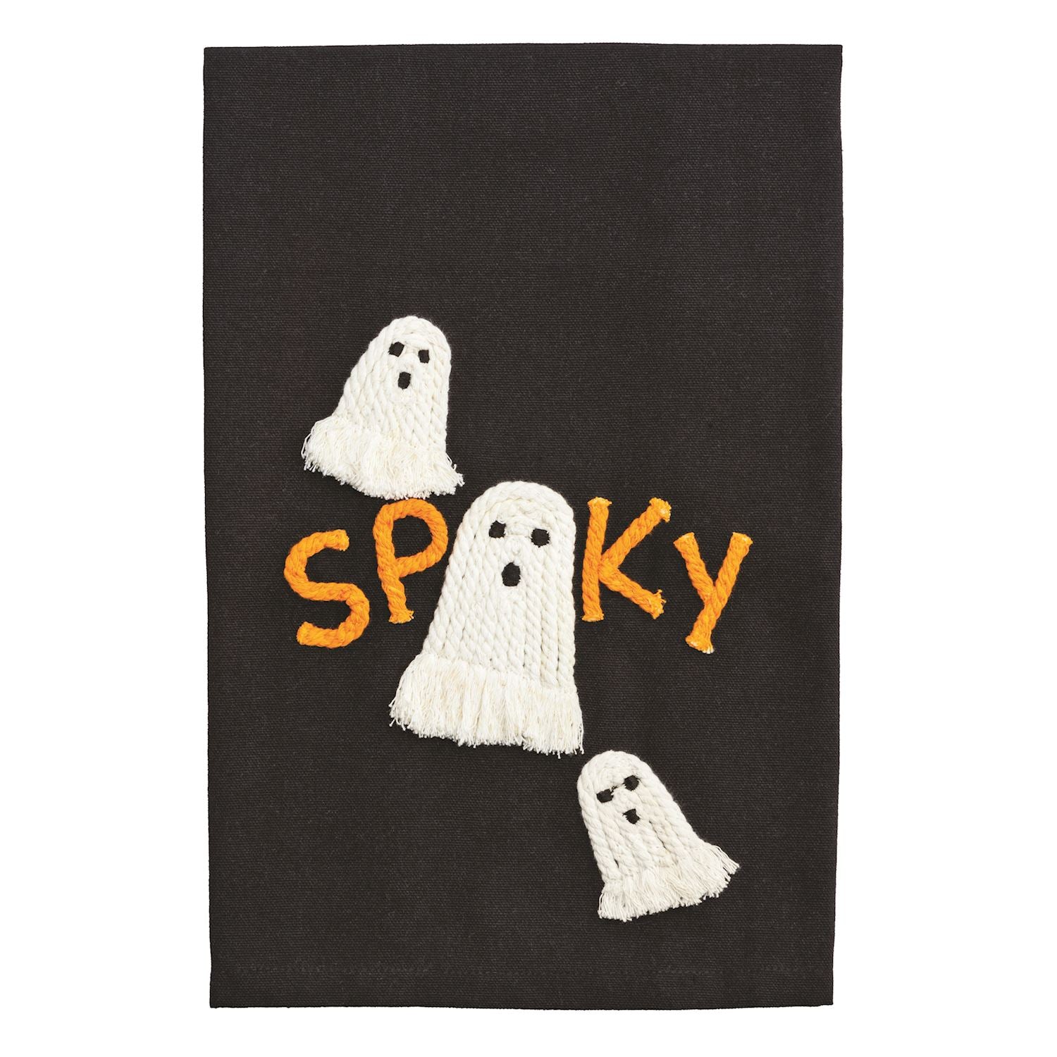 Halloween fabric decoration featuring a black background with three white textured yarn ghosts and orange chenille lettering spelling SPOOKY