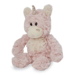 Plush toy by Mary Meyer featuring a sitting pink unicorn against a white background with a shimmering rose gold horn, textured curly fur, and a cream-colored snout and belly patch