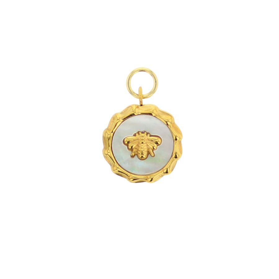 Gold charm pendant featuring a detailed bee relief on an iridescent mother-of-pearl inlay framed by a textured bamboo-style gold border