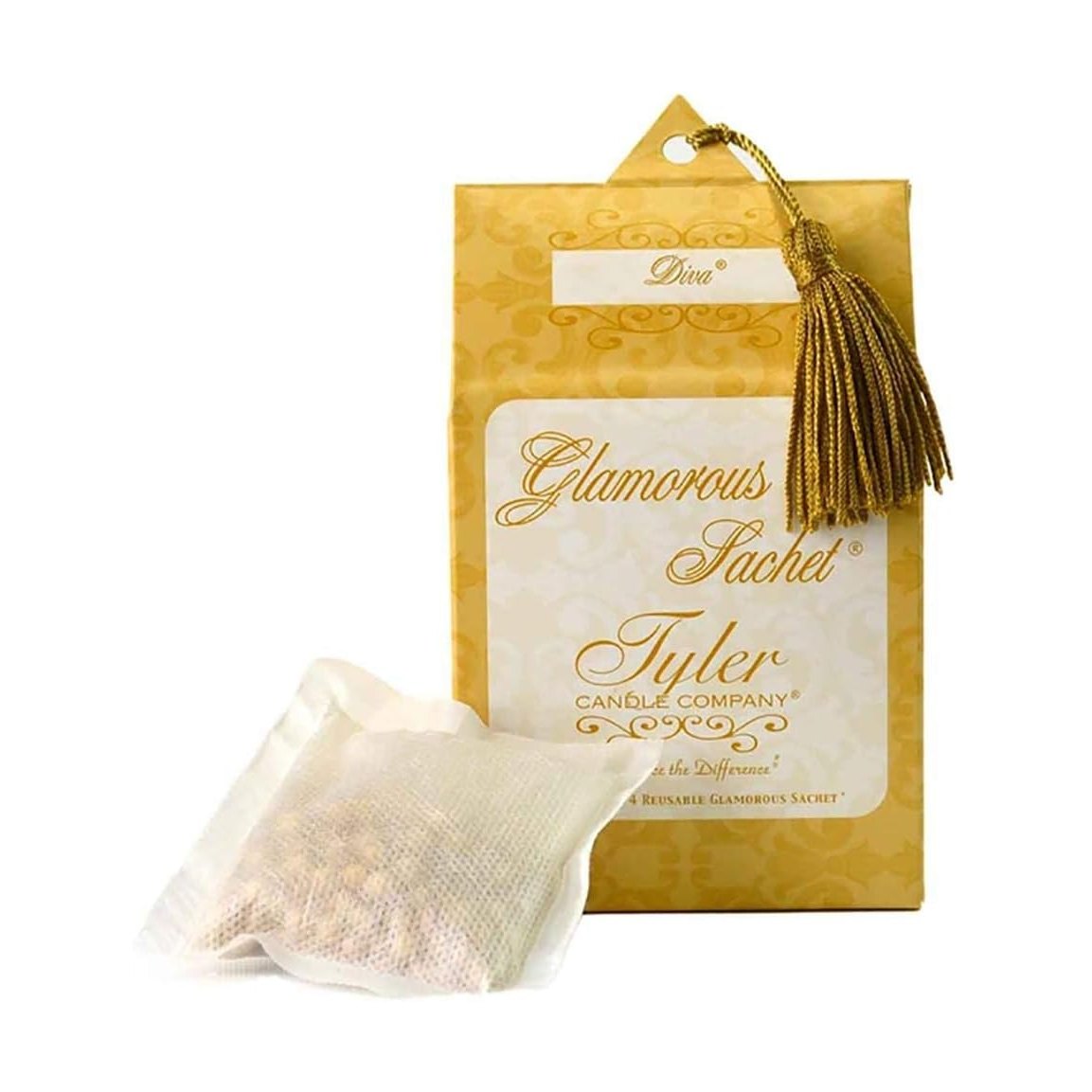 Tyler Candle Company Glamorous Sachet Diva product shot featuring a gold patterned package with a decorative gold tassel and a white mesh sachet filled with granules