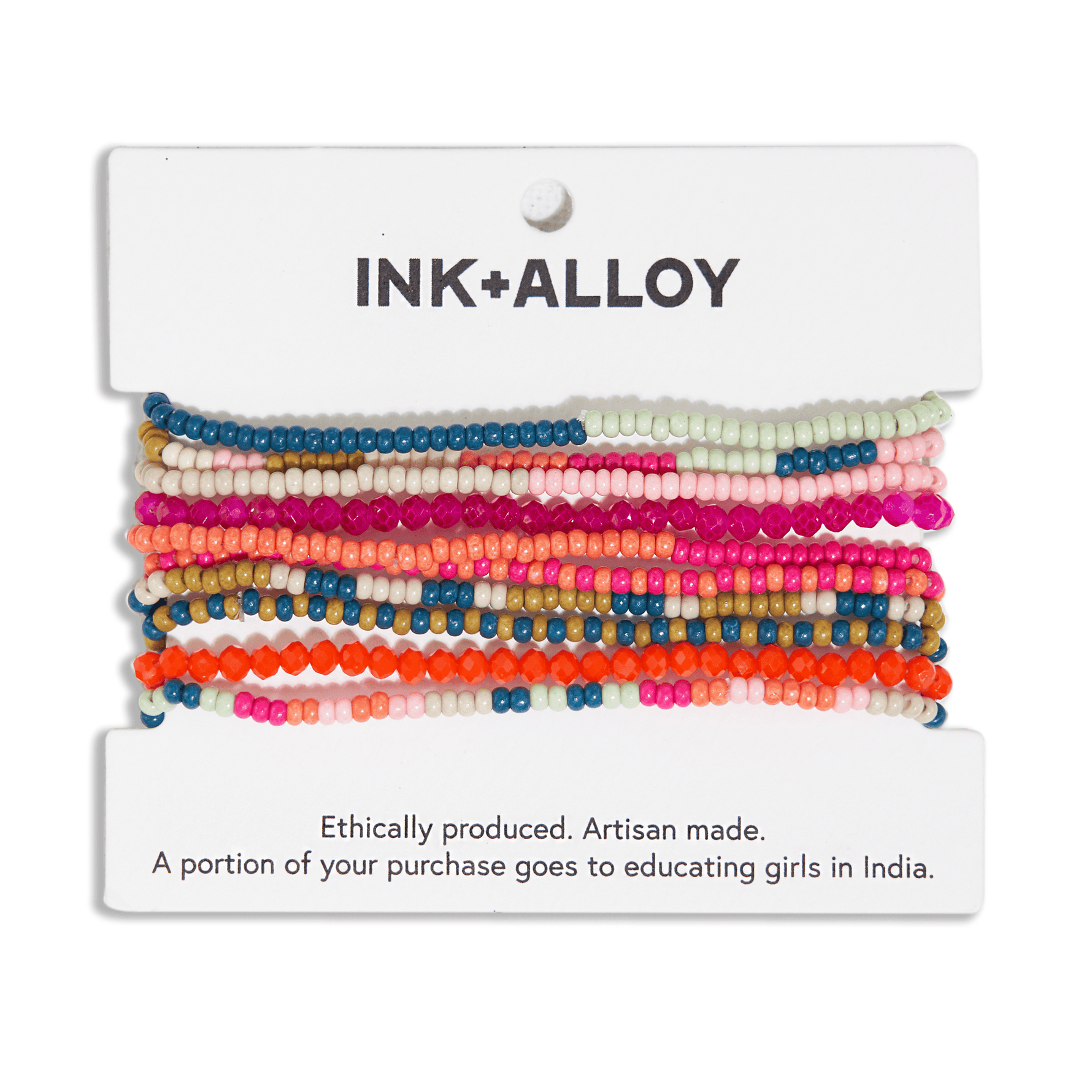 Ink+Alloy beaded bracelets featuring a stack of multi-colored round and faceted beads in vibrant shades of teal, hot pink, and orange displayed on a white card promoting ethical production and girl education in India