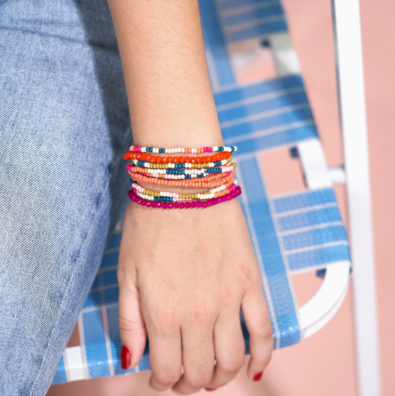 Sage Mixed Stripe Set of 10 Stretch Bracelets Rainbow