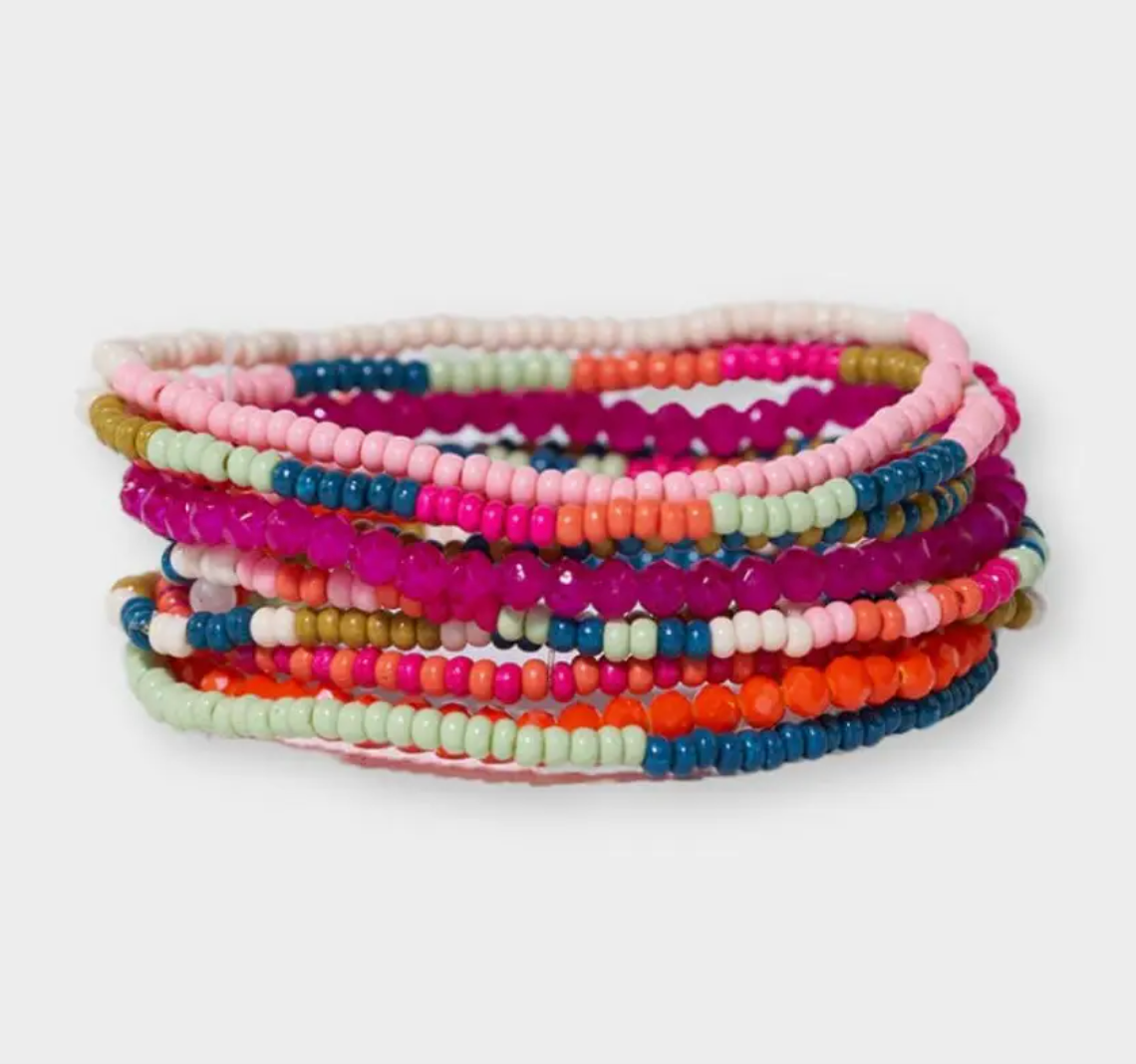 Sage Mixed Stripe Set of 10 Stretch Bracelets Rainbow