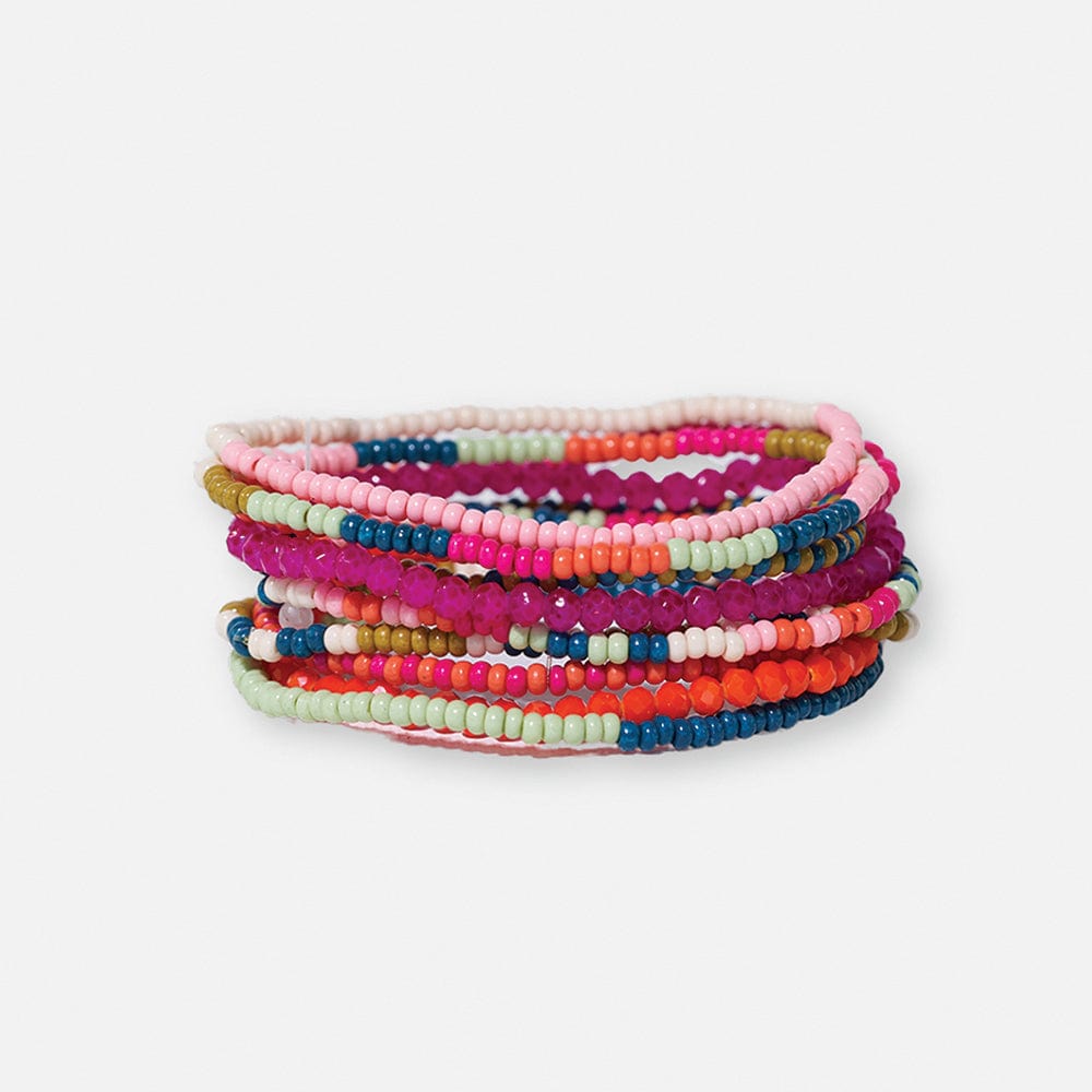 Stack of vibrant multicolor beaded bracelets featuring smooth and faceted beads in fuchsia, teal, coral, and lime green on a plain white background