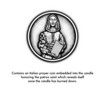 Engraved metal Italian prayer coin depicting Saint Anthony of Padua with closed eyes holding the infant Jesus and a book, revealed as a hidden religious token within a candle