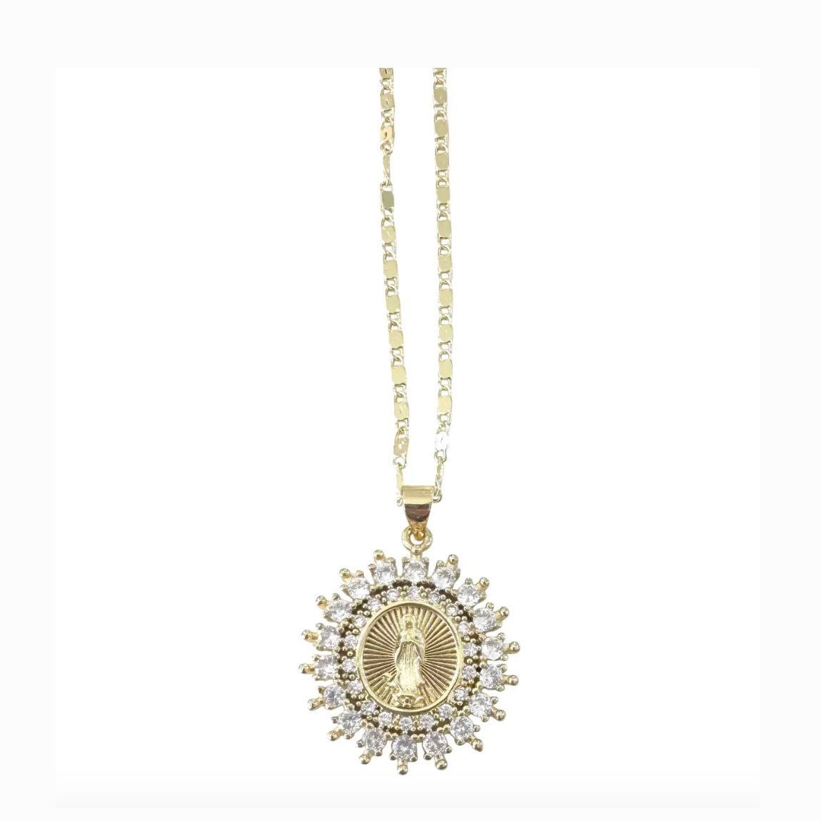 Gold necklace featuring an oval Virgin Mary medallion encircled by brilliant clear cubic zirconia stones in a radiant sunburst design on a delicate gold chain