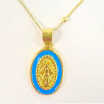 Gold-tone necklace with an oval Miraculous Medal pendant featuring a vibrant blue enamel border and a raised relief of the Virgin Mary